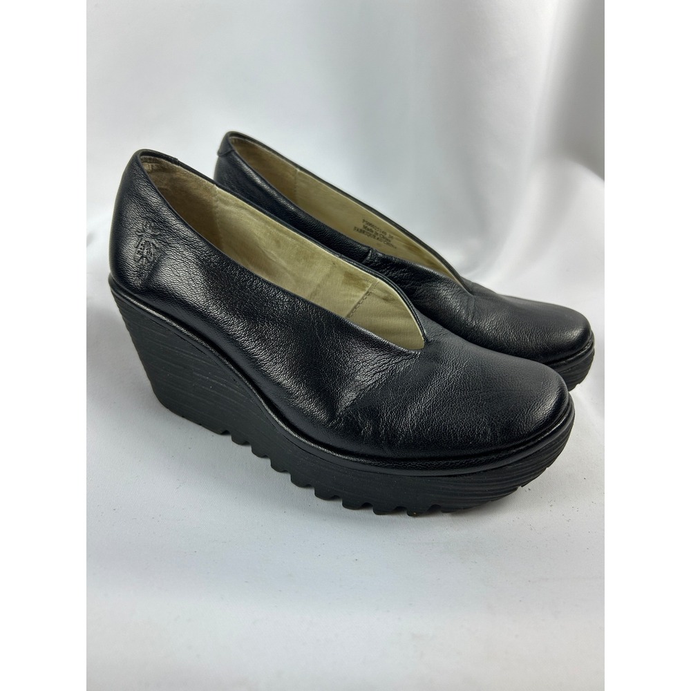 Fly London Black Leather V-Cut Wedge Platform Pump Lug Sole Shoes EU 36